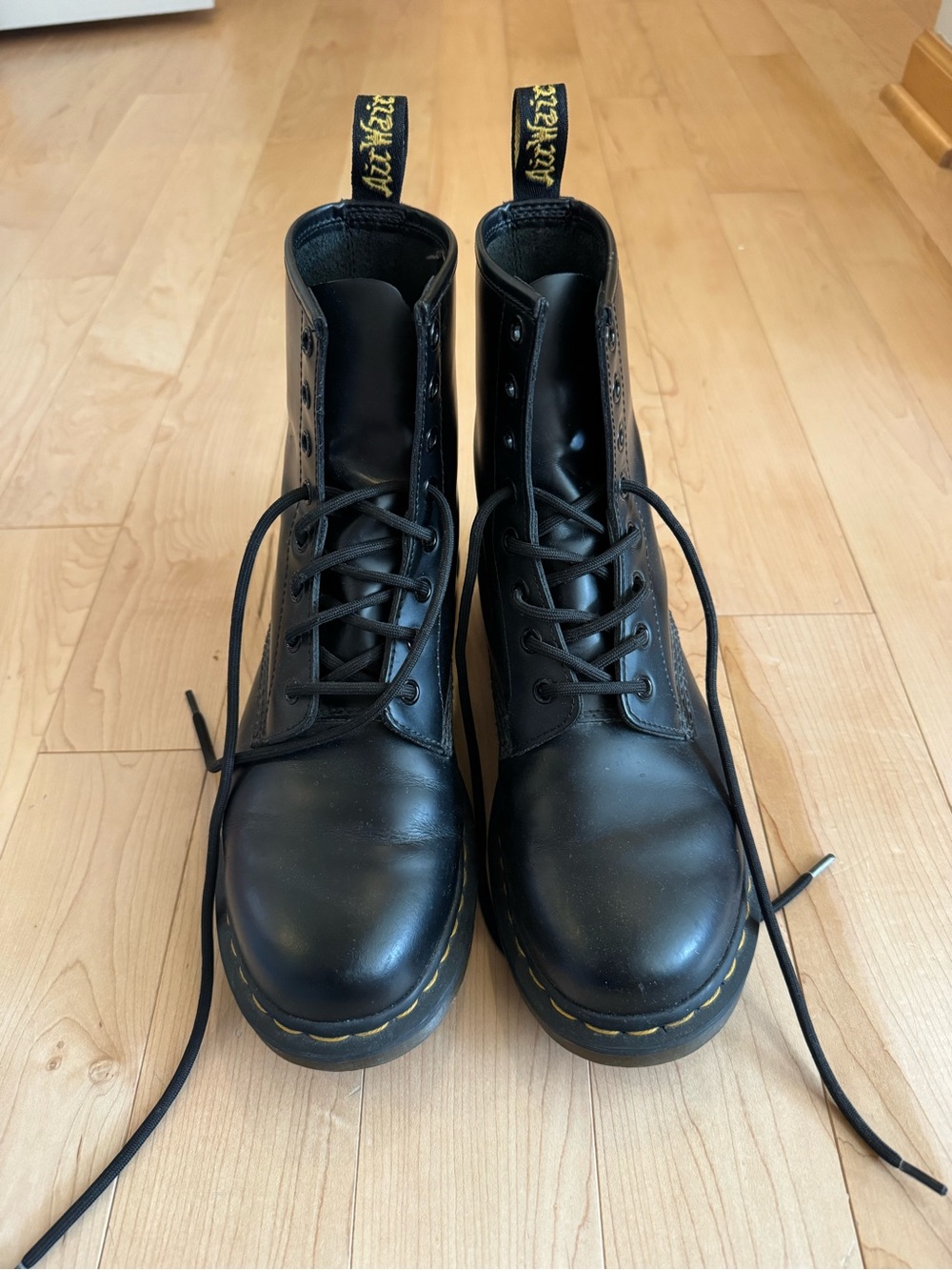Dr. Martens Black Leather Lace-Up Boots with Yellow Heel Loop and Stitching
